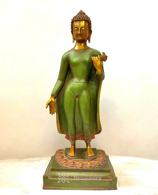 Brassaura® Buddha Standing in Graceful Pose with Mud Green Patina Finish | Pure Superfine Brass Handcrafted Murti | Brass Statue for Home Temple, Pooja Room | Height 22 Inches | Weight 10 Kgs