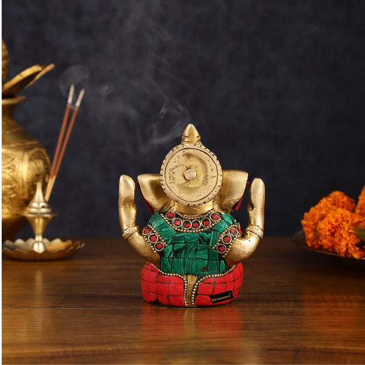 Brassaura™ Meenakari Brass Ganesha Idol – 5 Inch Height | 0.8 kg | Handcrafted with Red & Green Stones | Spiritual Gift & Home Decor