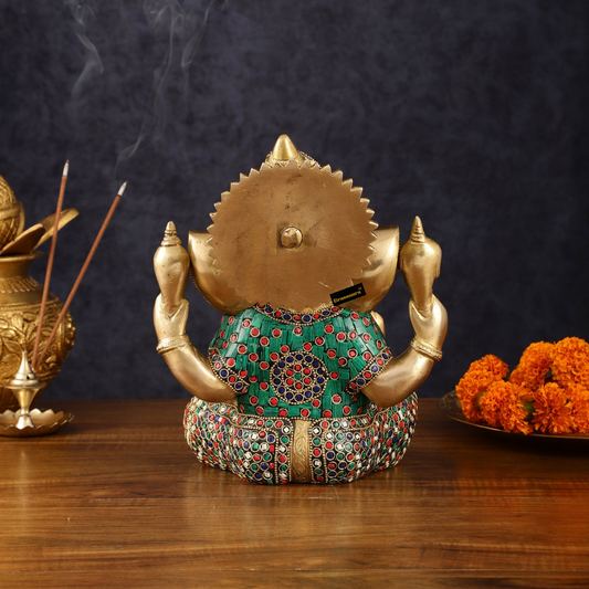 Brassaura™ Meenakari Brass Ganesha Idol – 8 Inch Height | 4.7 kg | Handcrafted with Natural Stone Inlay