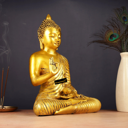 Brassaura™ Pure Brass Buddha Statue in Abhaya Mudra – Height 14 Inches, Weight 7 Kgs