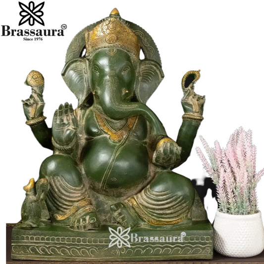 Brassaura™ Brass Gem Stone Work Ganesha Idol | Height 20 Inches & Weight 27.8 Kgs