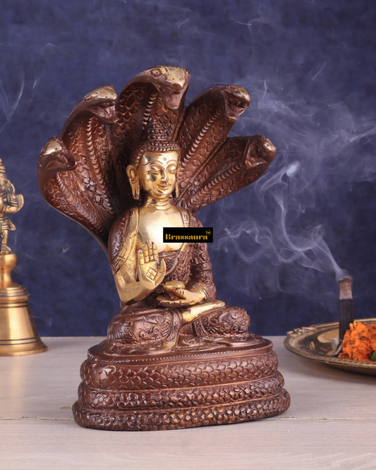 Brassaura™ Pure Brass Blessing Buddha Idol under Serpent Muchalinda – Height 8 Inches, Weight 2.33 Kgs