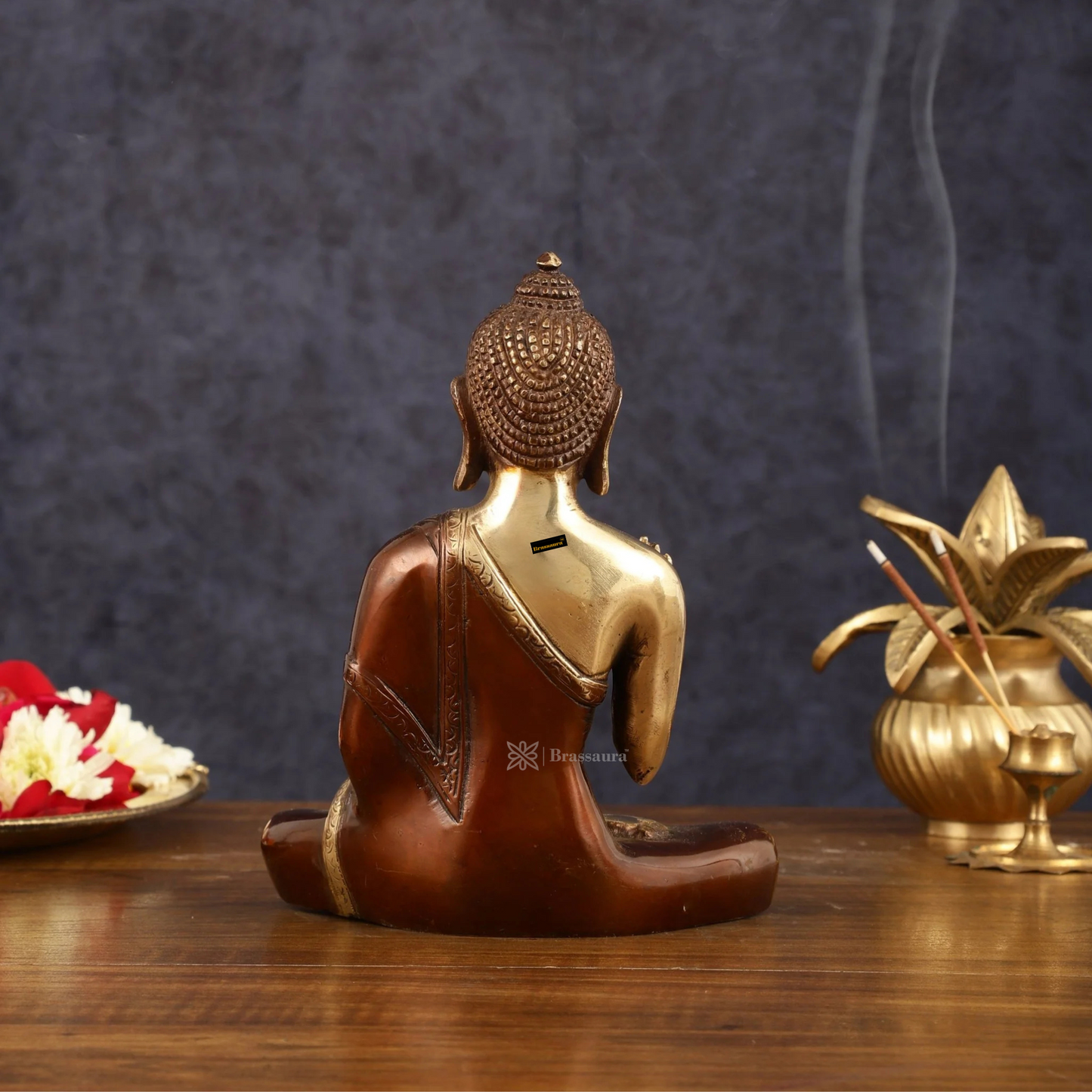 Brassaura™ Pure Brass Blessing Buddha Idol in Dual Tone – Height 7.5 Inches, Weight 1.8 Kgs