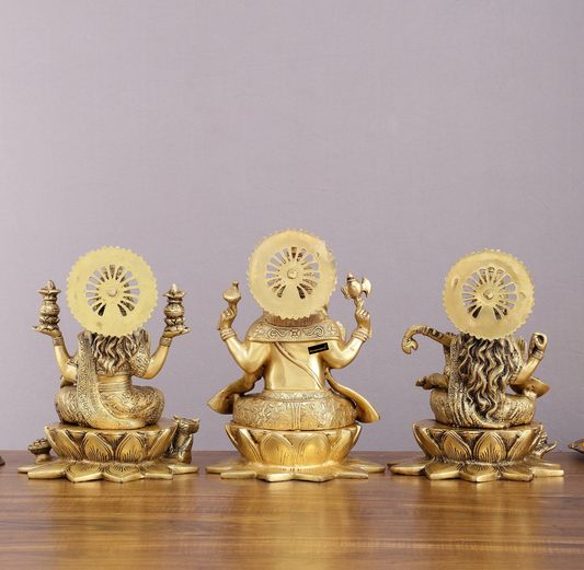 Brassaura™ Pure Brass Ganesh Lakshmi Saraswati Set – 11" Height, 19 kg – Handcrafted Trio for Prosperity & Wisdom