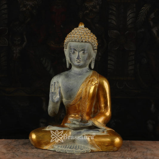 Brassaura® Buddha Sitting in Blessing Mudra Idol with Antique Silver & Gold Two-Tone Finish | Pure Superfine Brass Handcrafted Murti | Brass Statue for Home Temple, Pooja Room | Height 12 Inches | Weight 5.4 Kgs
