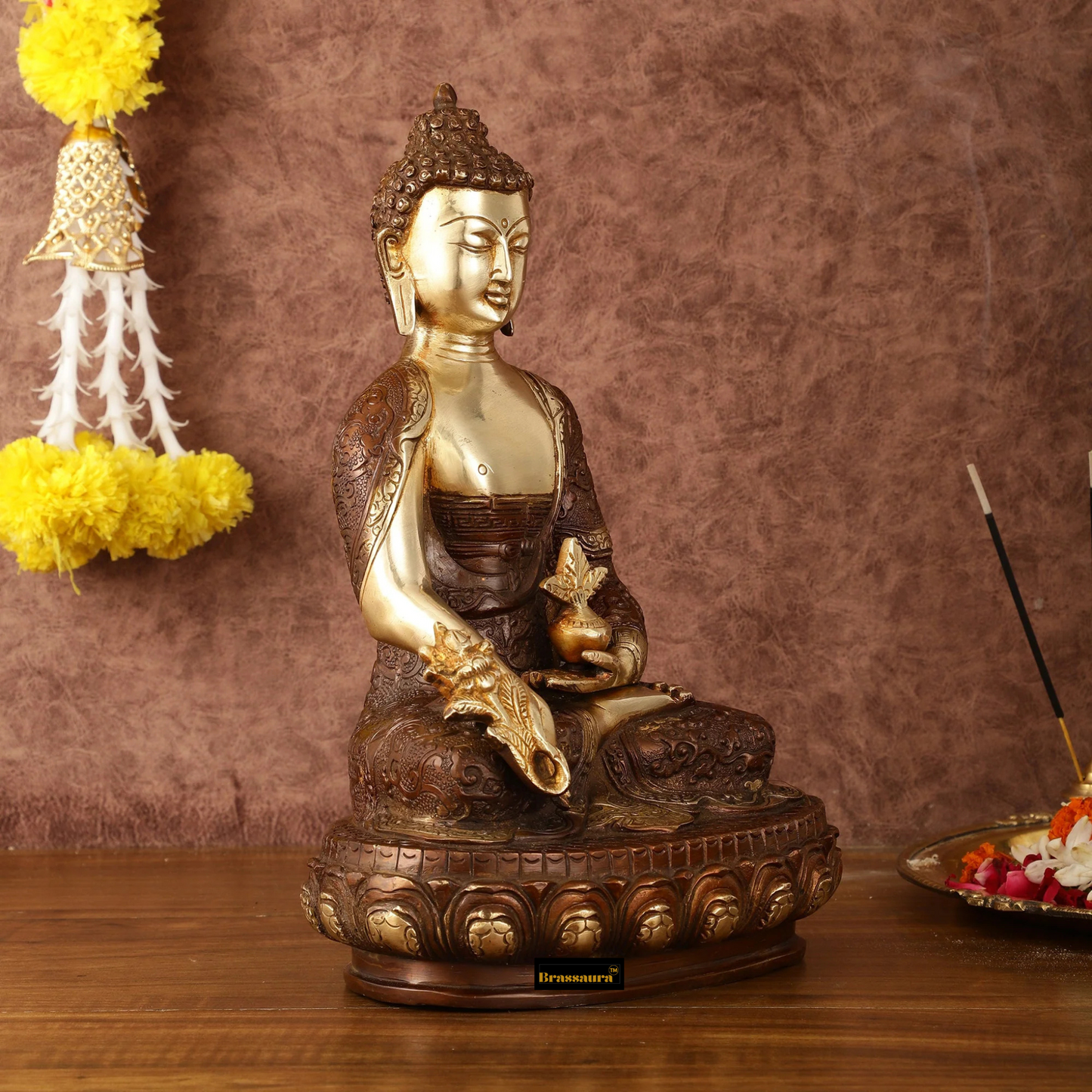 Brassaura™ Pure Brass Superfine Dual Tone Medicine Buddha Statue – Height 12.5 Inches, Weight 5.25 Kgs