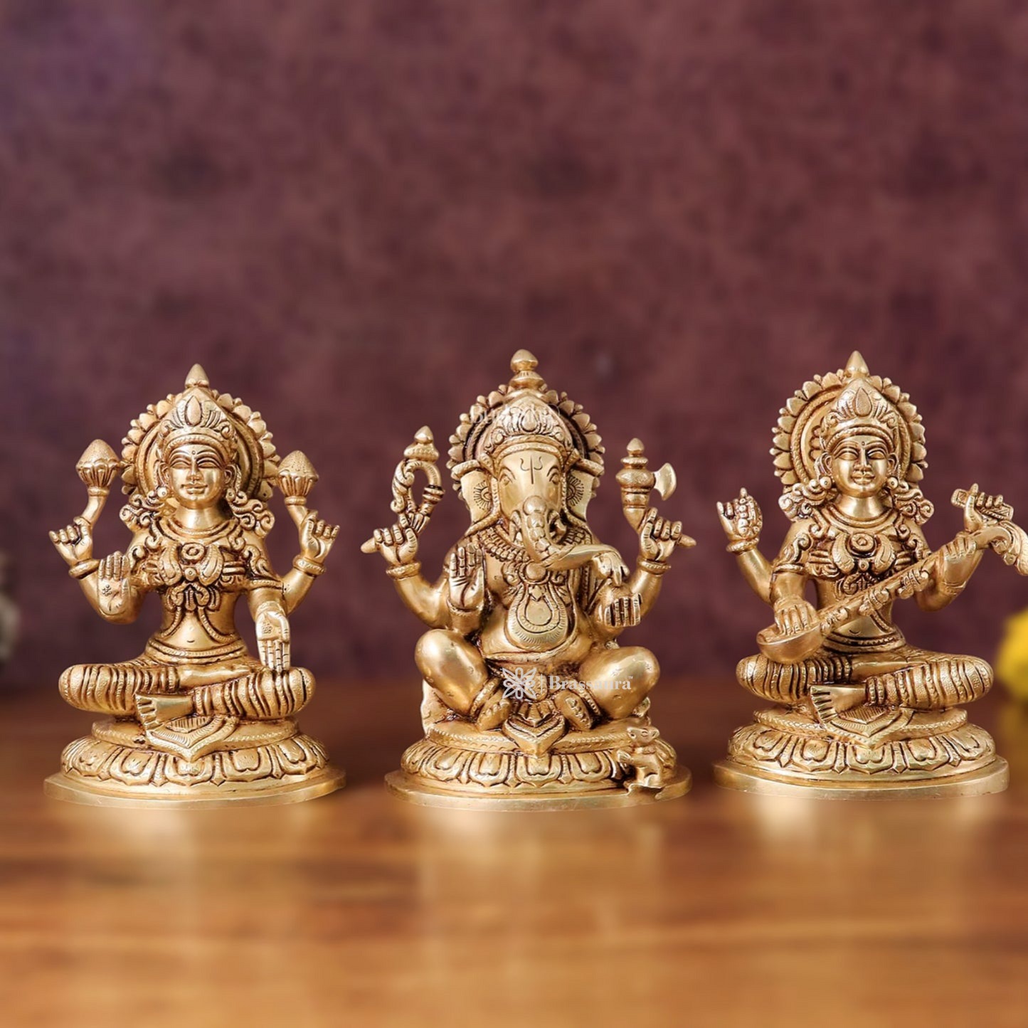 Brassaura™ Pure Brass Ganesha, Lakshmi & Saraswati Idol Set – 7.5" Height, 7.4 kg – Symbol of Blessings, Wisdom & Prosperity