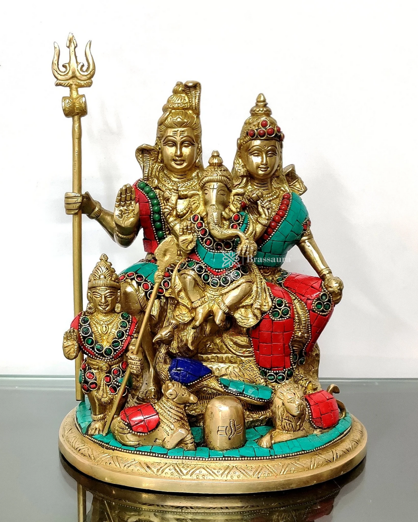 Brassaura™ Brass Shiv Parivar Idol with Gemstone Work – Height 9.5 Inches, Weight 5 Kgs