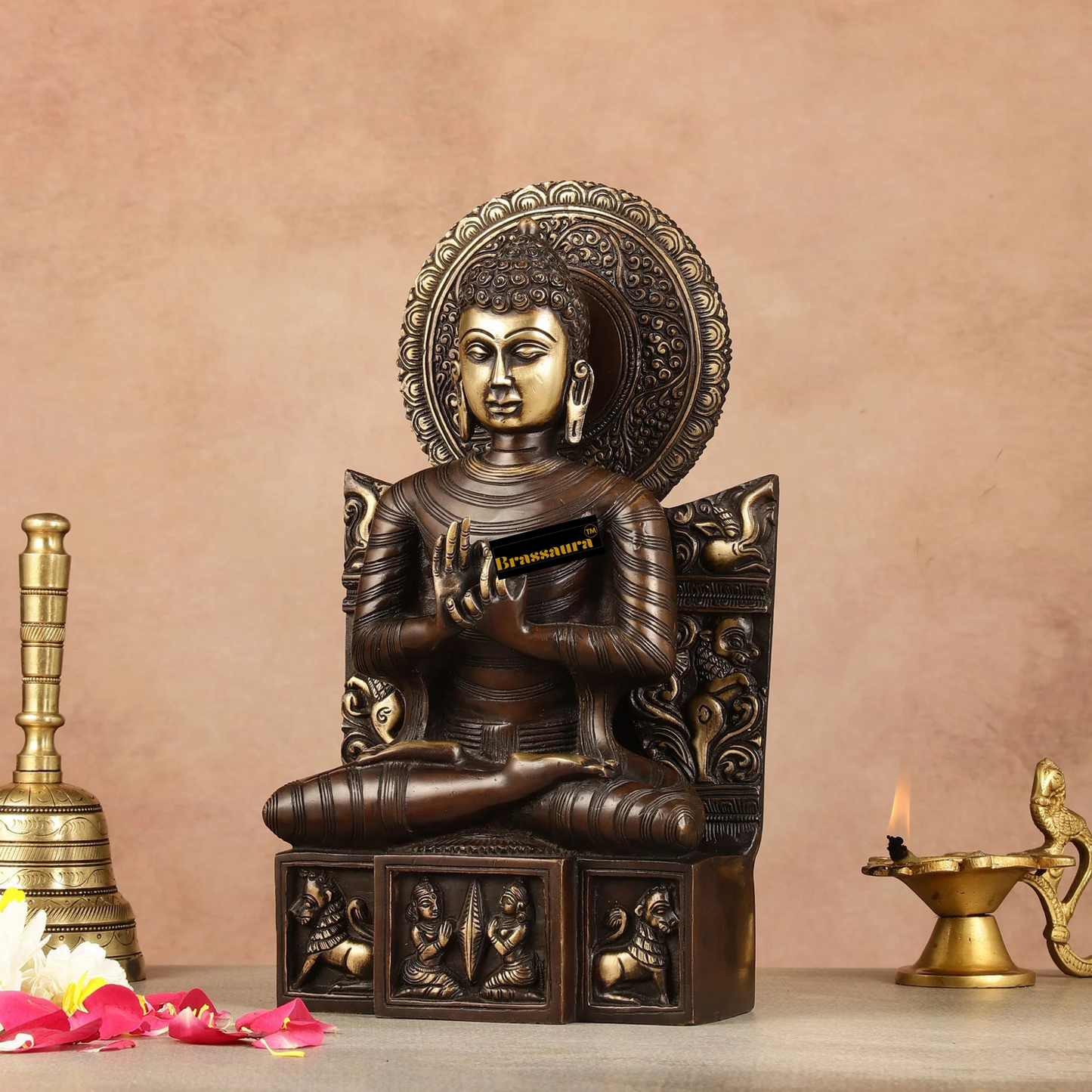 Brassaura™ Pure Brass Buddha Statue in Dharmachakra Mudra – Height 11 Inches & Weight 4.8 Kgs