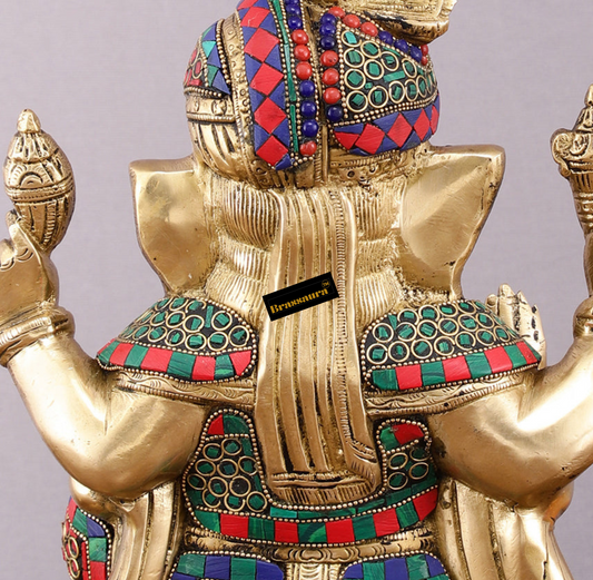 Brassaura™ Brass Superfine Handcrafted Lord Ganesha Idol with Pagadi – 11" Height, 7.5 kg – Meenakari Stonework
