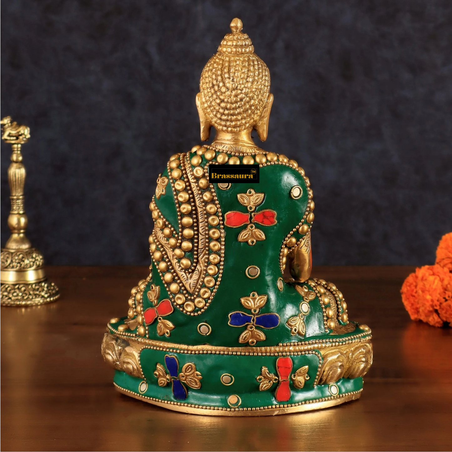Brassaura™ Pure Brass Buddha Idol with Stonework – Height 7.5 Inches, Weight 1.7 Kgs