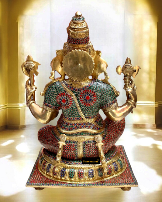 Brassaura™ Brass Ganesha Idol with Gemstone Inlay – Height 20.1 Inches, Weight 22.22 Kg – Multi-Coloured Home & Decor Statue
