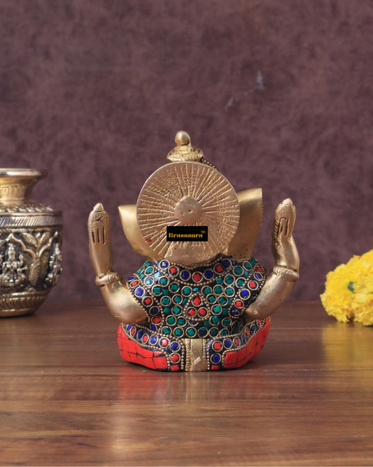 Brassaura™ Pure Brass Meenakari Lord Ganesha Idol – 6" Height, 1.8 kg – Handcrafted with Natural Colour Stones