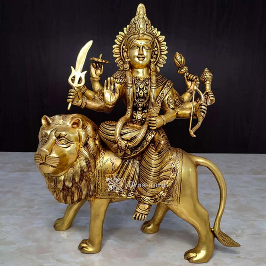 Brassaura™ Sherawali Mata Brass Murti – 12kg, 17-Inch – Intricately Carved Big-Size Idol with Antique Finish