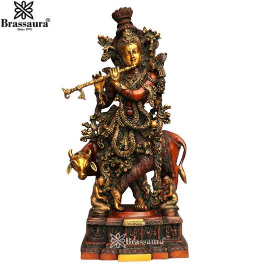 Brass Cow Krishna Murti Weight 35 Kg And Height 28 Inch