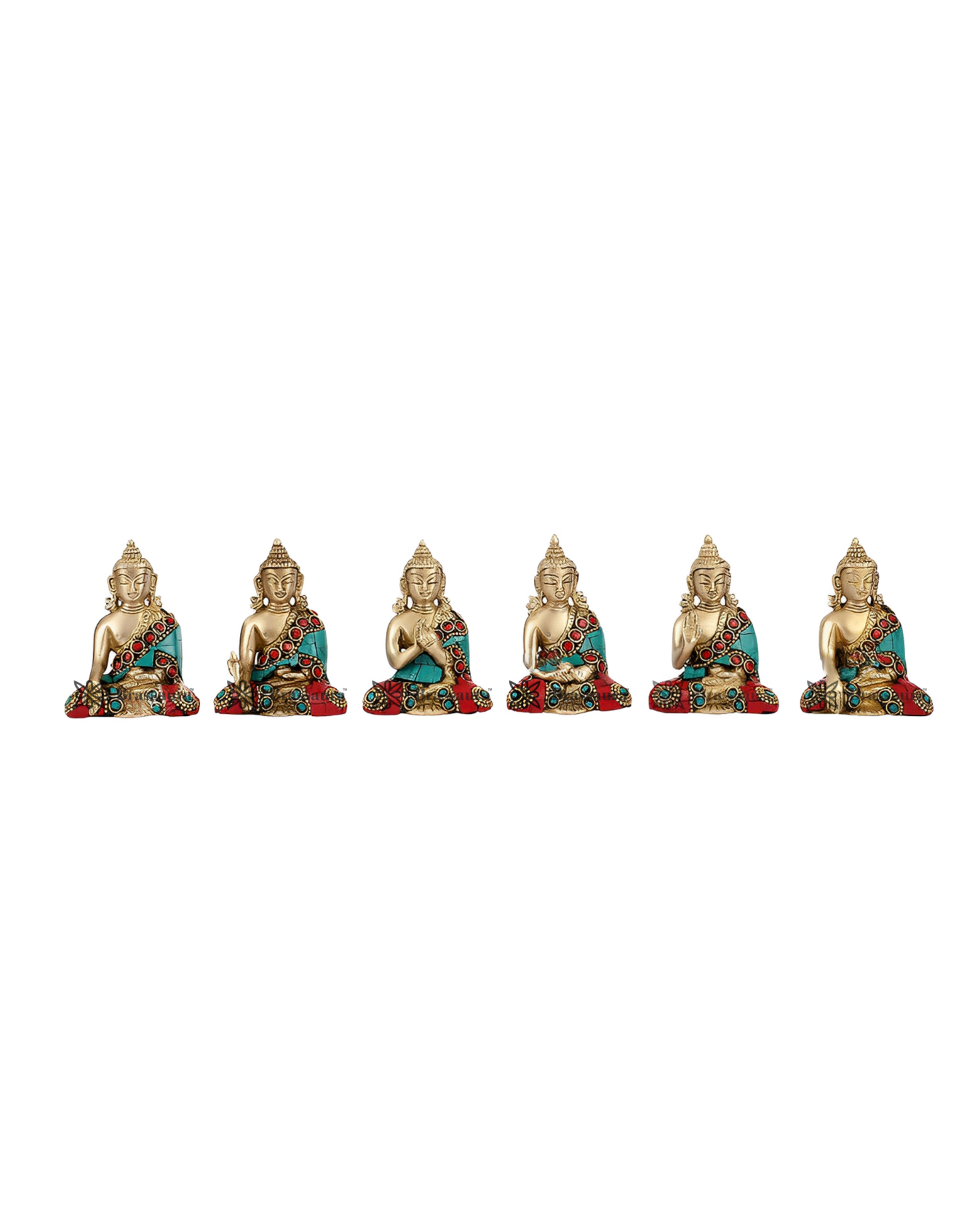 Brassaura™ Set of 6 Miniature Brass Buddha Statues – Height 3 Inches | Weight 3.2 Kgs | Different Mudras