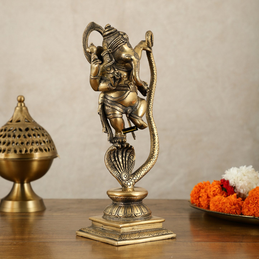 Brassaura™ Brass Ganesha Dancing on Vasuki Naag – 11.5" Height, 2.94 kg – Symbol of Divine Victory & Grace
