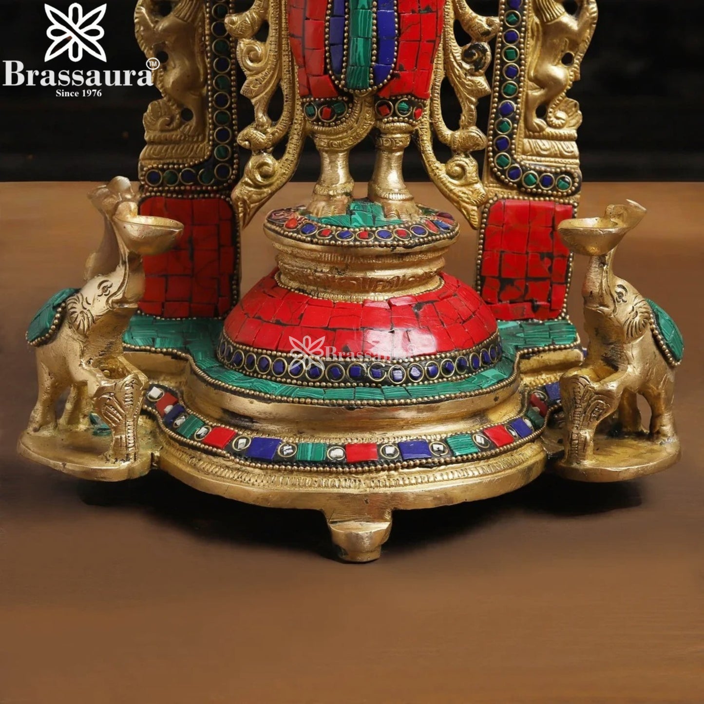 Brassaura™ Brass Gem Stone Work Laxmi Idol – Height 15.5 Inches & Weight 6.02 Kgs | Puja Room Hindu Murti