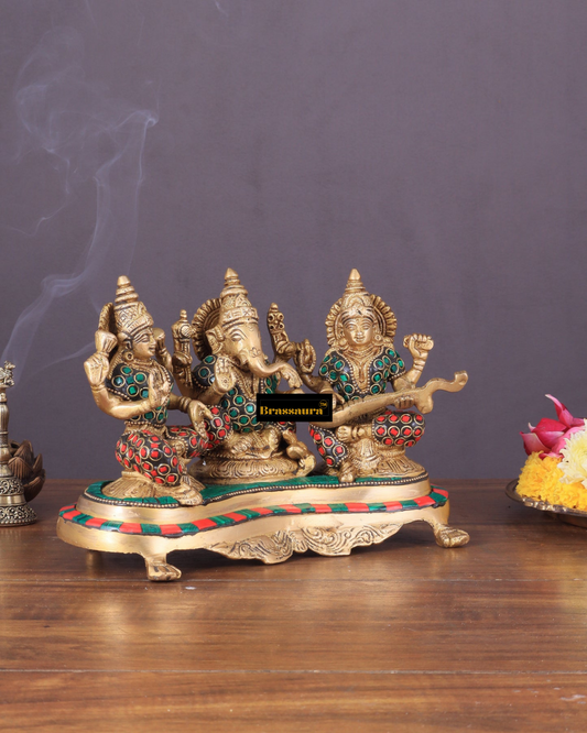 Brassaura™ Brass Ganesha Lakshmi Saraswati Idol – 6.2" Height, 3 kg – Auspicious Trio for Wealth, Wisdom & Success