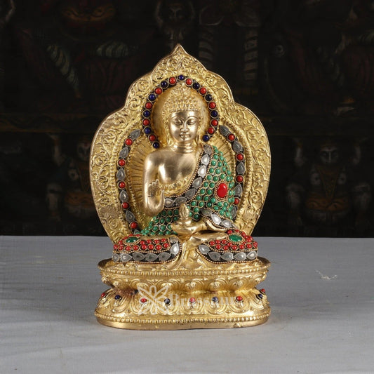 Brassaura® Buddha Sitting in Blessing Mudra Idol with Multicolour Gem Stone Work and Ornate Halo | Pure Superfine Brass Handcrafted Murti | Brass Statue for Home Temple, Pooja Room | Height 10 Inches | Weight 4.9 Kgs