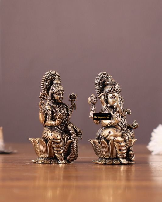Brassaura™ Pure Brass Superfine Small Ganesh Lakshmi Idols – 2.5" Height, 180 gm – Intricately Crafted Divine Duo
