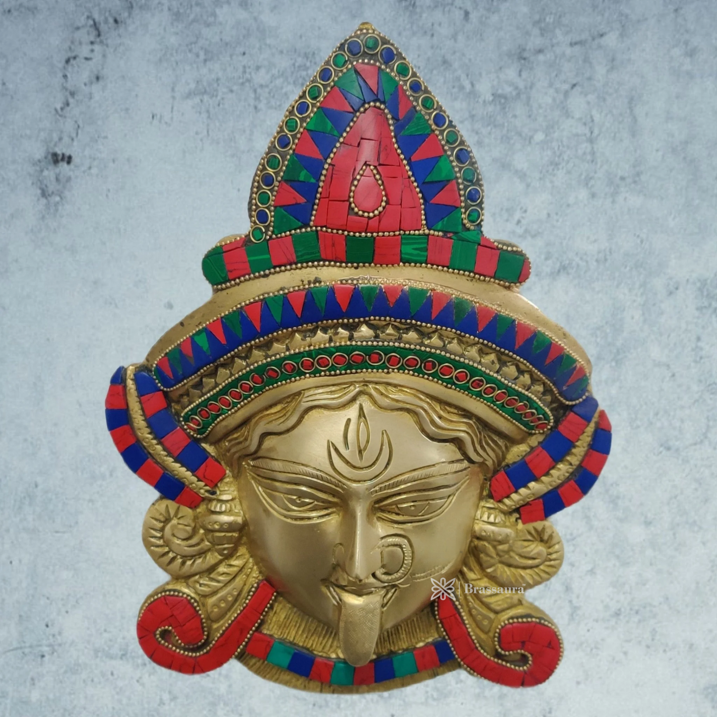 Brassaura™ Goddess Durga Brass Wall Mask – 2.2kg | 10.5" Height – Handcrafted Stonework Finish | Wall Mount