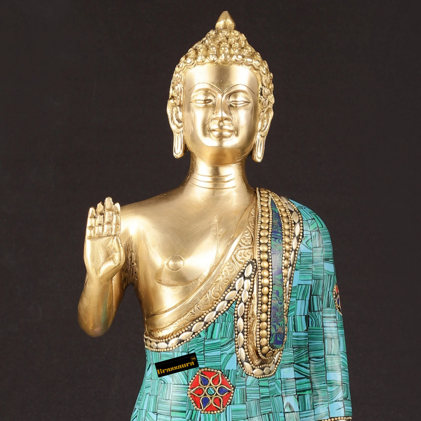 Brassaura™ Brass Standing Buddha Statue with Meenakari Stonework – Height 21.5 Inches, Weight 7.4 Kgs