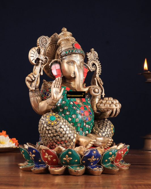Brassaura™ Pure Brass Lotus Seated Ganesha Idol – 11 Inch Height | 8.5 kg | Intricate Stonework & Brass Rings | Spiritual Home Décor