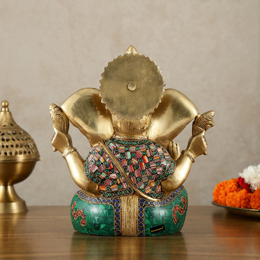 Brassaura™ Brass Lord Ganesha Statue with Meenakari & Big Ears – 10" Height, 5.15 kg – Auspicious & Intricate