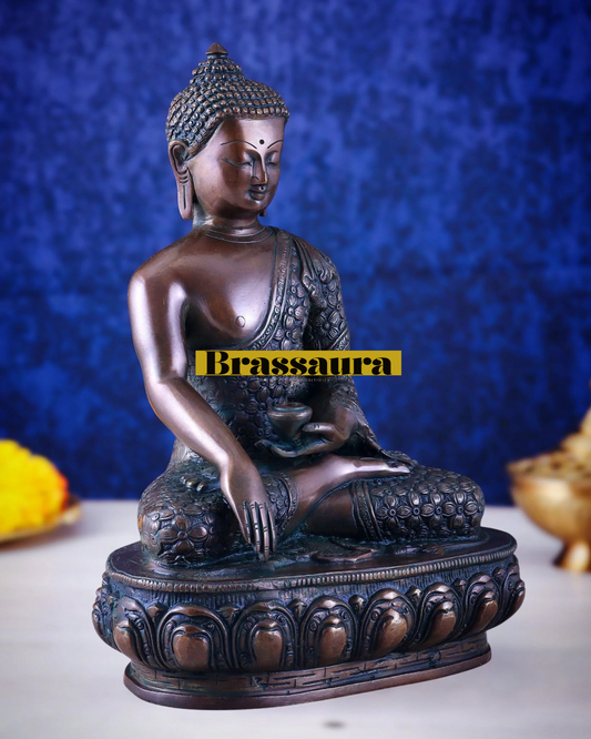 Brassaura™ Pure Brass Antique Medicine Buddha Statue – Height 13.5 Inches, Weight 6.8 Kgs