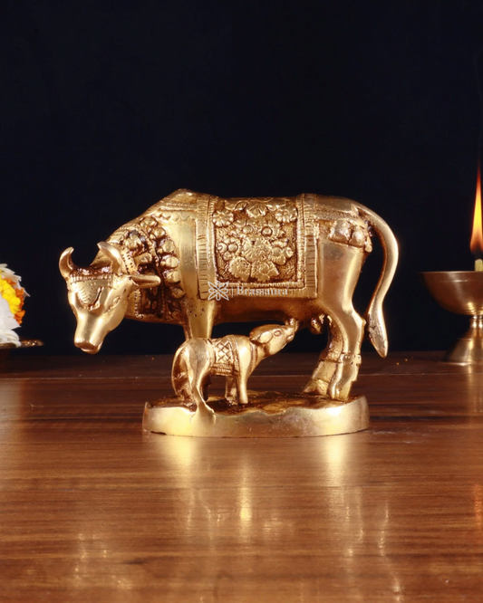 Brassaura™ Handcrafted Brass Kamdhenu Cow with Calf Idol | 3.8 Inches Height | 915g Weight | Symbol of Abundance & Prosperity