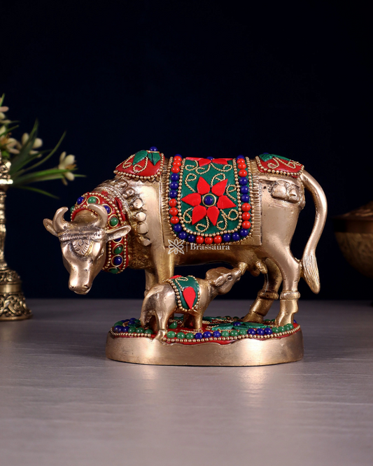 Brassaura™ Handcrafted Brass Kamdhenu Cow with Calf Idol | 3.8 Inches Height | 915g Weight | Symbol of Abundance & Blessings