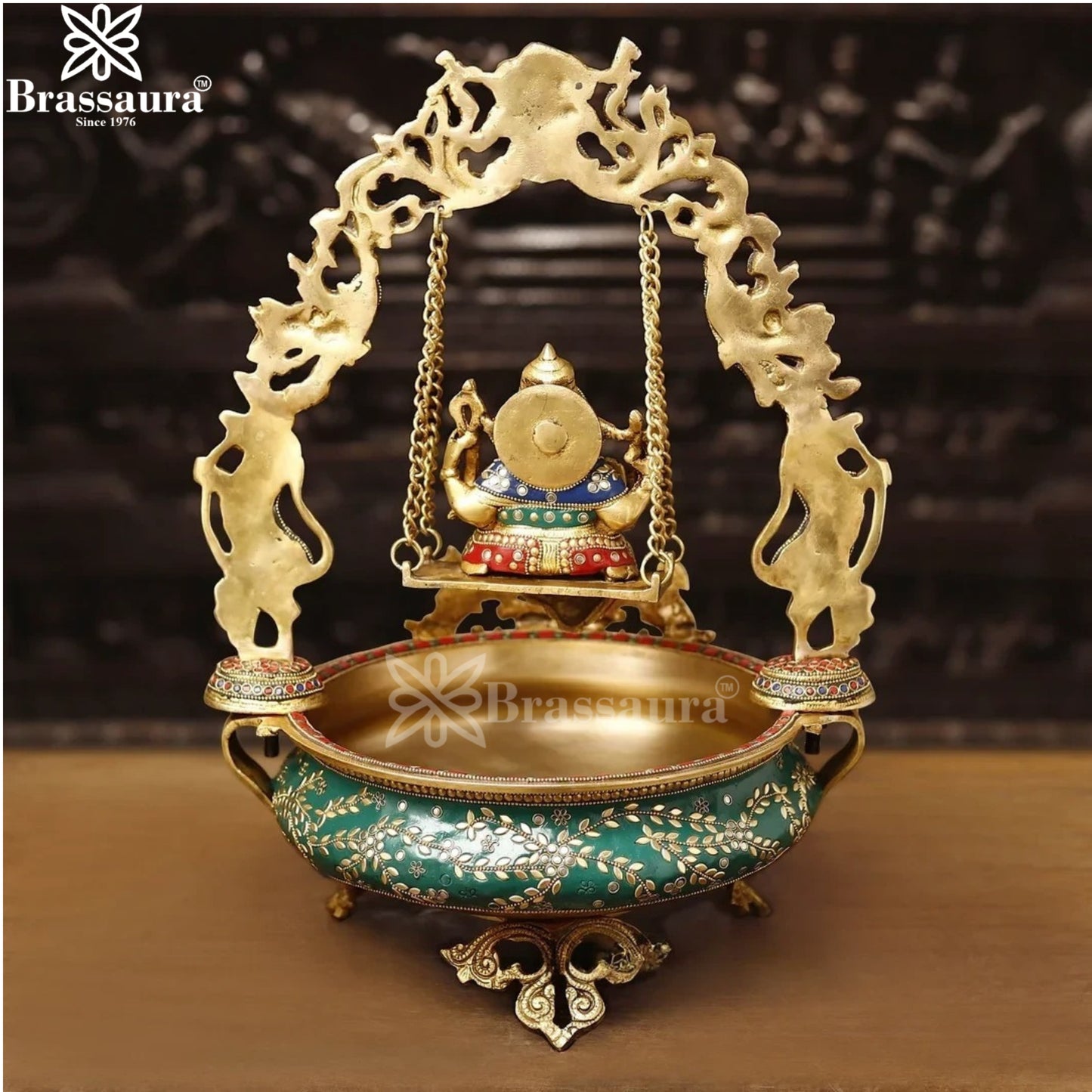 Brass Gem Stone Work Ganesha Urli Statue Weight 12.08 Kg And Height 20 Inch
