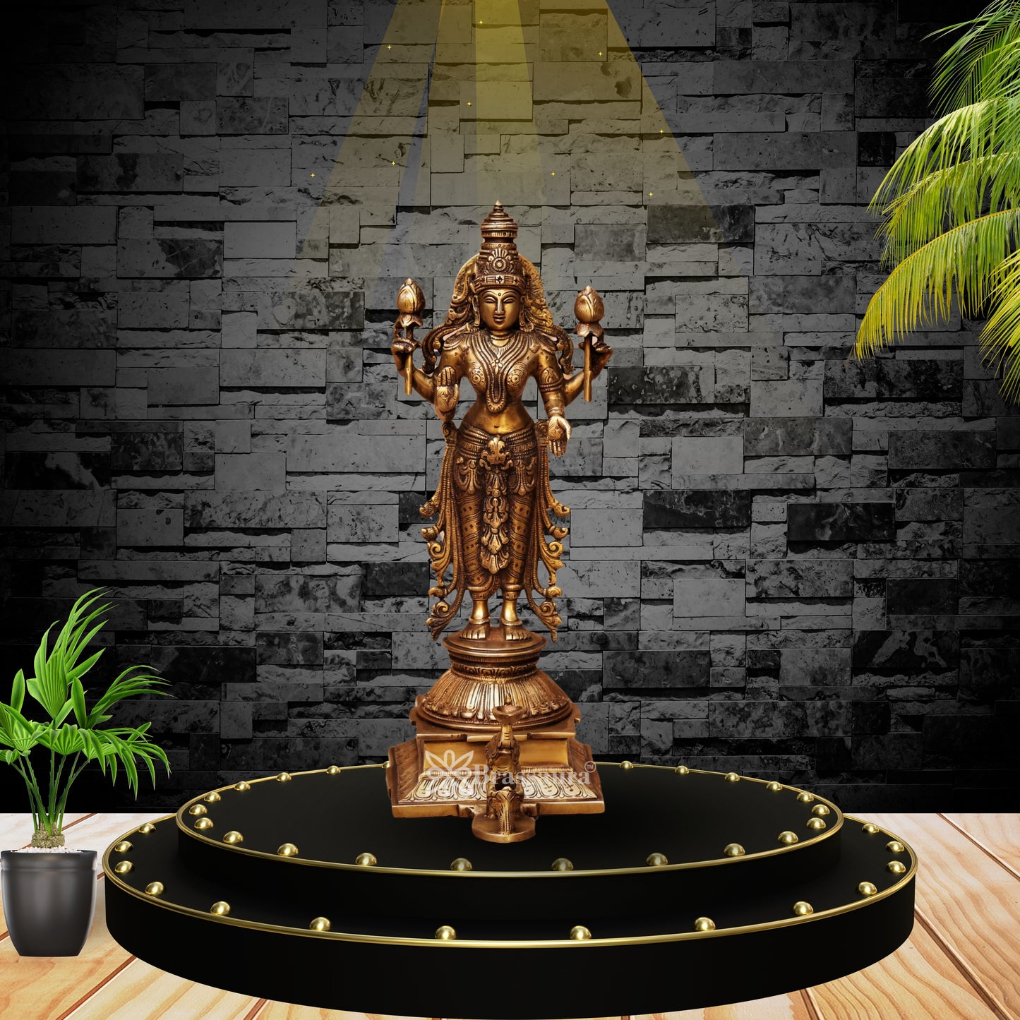 Brassaura™ Traditional Brass Laxmi Idol – Height 15 Inches & Weight 4.7 Kgs | Hindu Devotional Murti