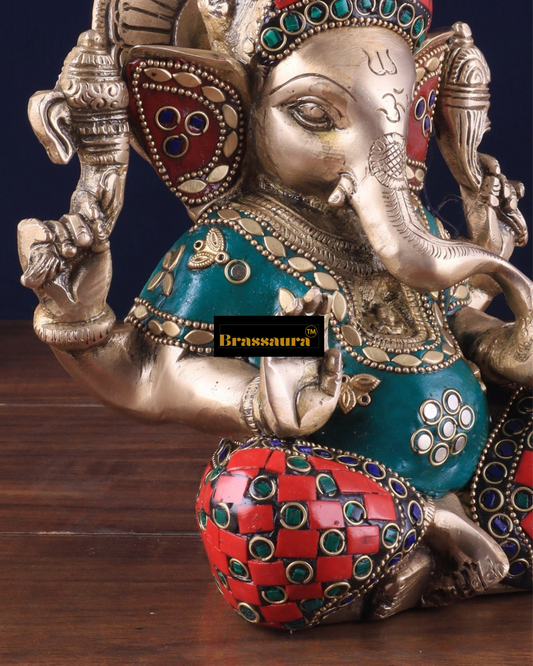 Brassaura™ Brass Taj Ganesha Idol with Stonework – 8" Height, 3 kg – Intricately Crafted with Sharp Features