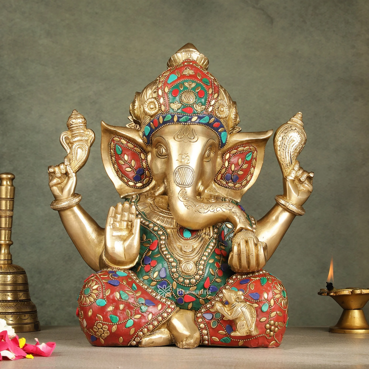 Brassaura™ Pure Brass Ganapati Idol – Stonework Detailing | Height 12.5 Inches, Weight 11 Kgs
