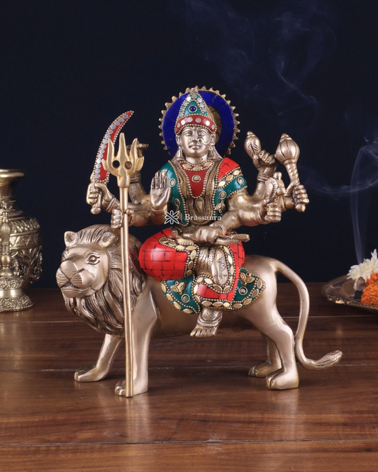 Brassaura™ Pure Brass Goddess Durga Idol – 4.5kg, 9-Inch – Handcrafted Statue for Tables, Temples & Entrances