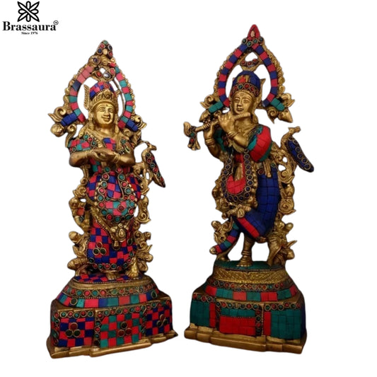Brass Gem Stone Work Radha Krishna Murti Weight 7.2 Kg And Height 14 Inch