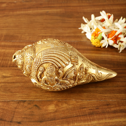 Brassaura™ Pure Brass Lakshmi Narayana Resting on Sheshanaag Shankh | 3.5 Inches Height | 1.5 Kgs Weight | Auspicious Home Décor