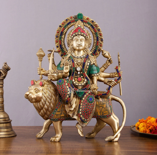Brassaura™ 15-Inch Brass Durga Mata Idol – 10kg – Handcrafted Statue with Meenakari Stonework for Home Temple & Sacred Décor