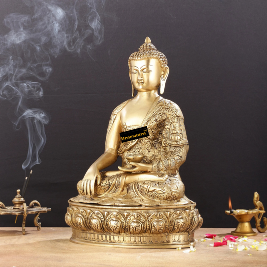 Brassaura™ Handcrafted Pure Brass Buddha Statue with Engraved Life Story – Height 15 Inches & Weight 7.8 Kgs