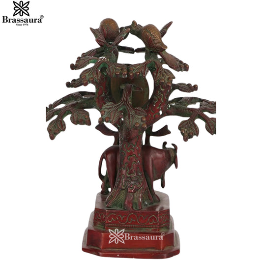 Brassaura® Brass Vrindavan Lord Krishna Playing Flute Under Sacred Tree with Cow & Birds Idol | Handcrafted Brass Murti for Home Temple, Pooja & Spiritual Décor | Height 9 Inches | Weight 3 Kg