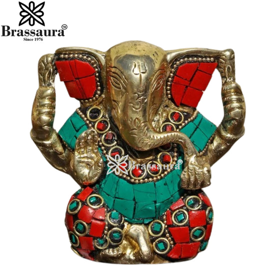Brass Gem Stone Work Ganesha Statue Weight .6 Kg And Height 9.5 Inch