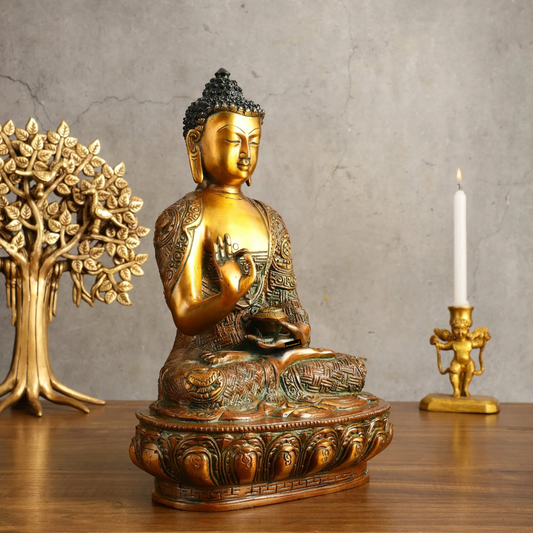 Brassaura™ Pure Brass Buddha Statue in Antique Finish – Height 12 Inches, Weight 5.05 Kgs