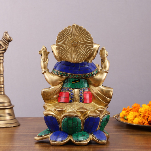 Brassaura™ Handcrafted Brass Ganesha Idol on Lotus – 10" Height, 4.5 kg – Meenakari Stone Adorned Divine Décor