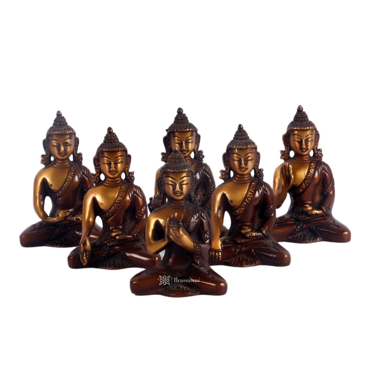 Brassaura™ Set of 6 Miniature Brass Buddha Statues – Height 3 Inches | Weight 1.2 Kgs | Different Mudras