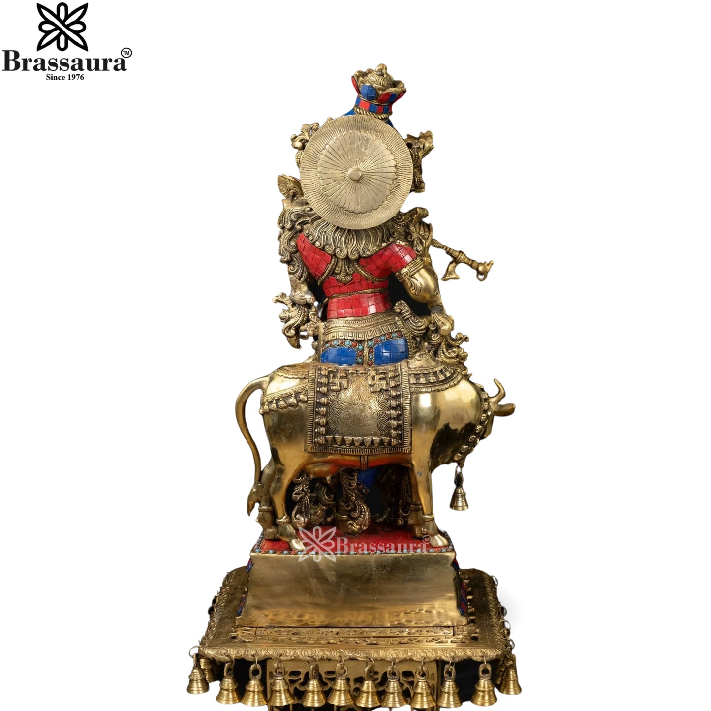 Brass Gem Stone Work Cow Krishna Murti Weight 24.3 Kg And Height 26 Inch