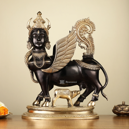 Brassaura™ Kamdhenu Cow with Wings and Mother Face Statue | 16.5 Inches Height | 14 Kgs Weight | Elegant Black Tone Brass