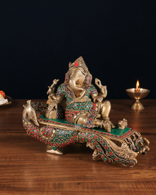 Brassaura™ Handcrafted Ganapathi on Peacock Throne – 7.5" Height, 4.5 kg – Brass Statue with Multicolored Stones