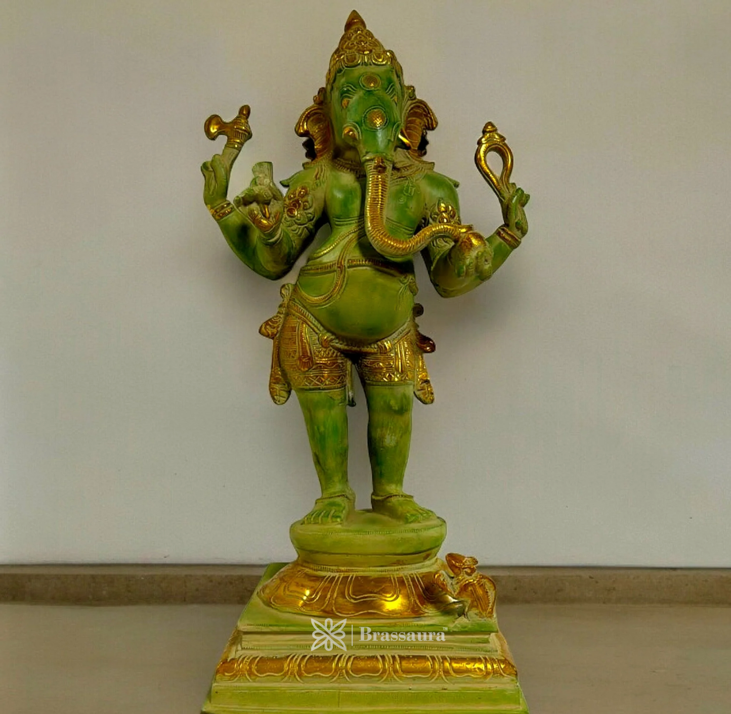 Brassaura™ Brass Lord Ganesha Statue with Antique Green Sand Finish – 20 Inch Height | 12 Kg | Four-Armed Graceful Form